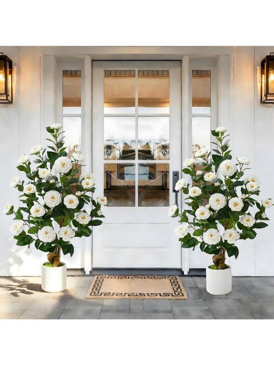 Other - Set of 2 Faux Camellia Trees - 38" Outdoor Artificial Plants for Home Decor
